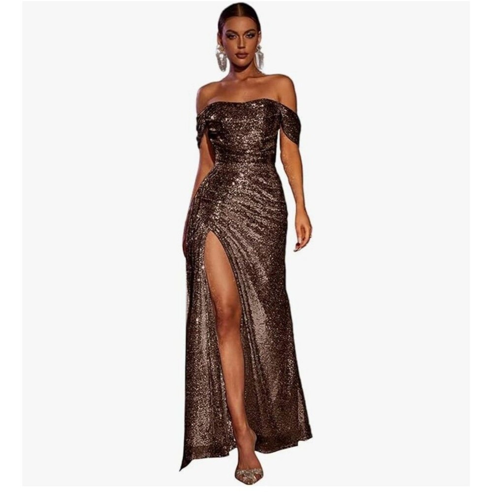 Coffee Color Sequin Mermaid Off The Shoulder Slit Prom/Formal Dress  size 16